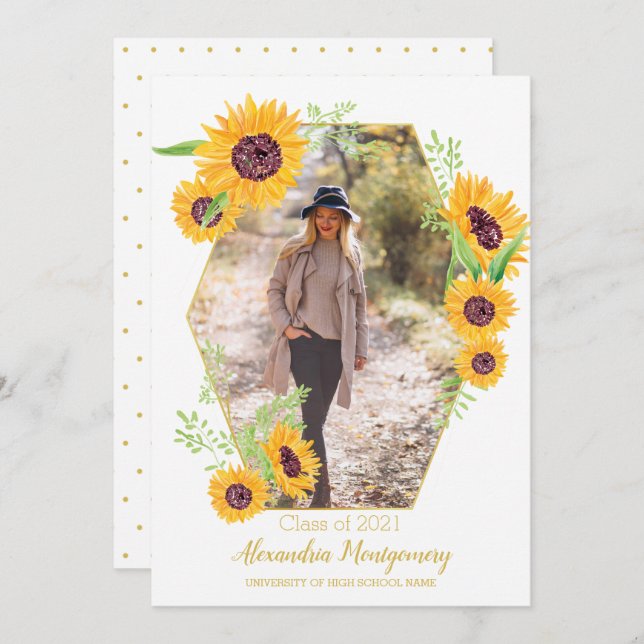 Watercolor Sunflower Photo Graduation Announcement (Front/Back)