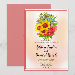 Watercolor sunflower pink framed floral Wedding In Invitation