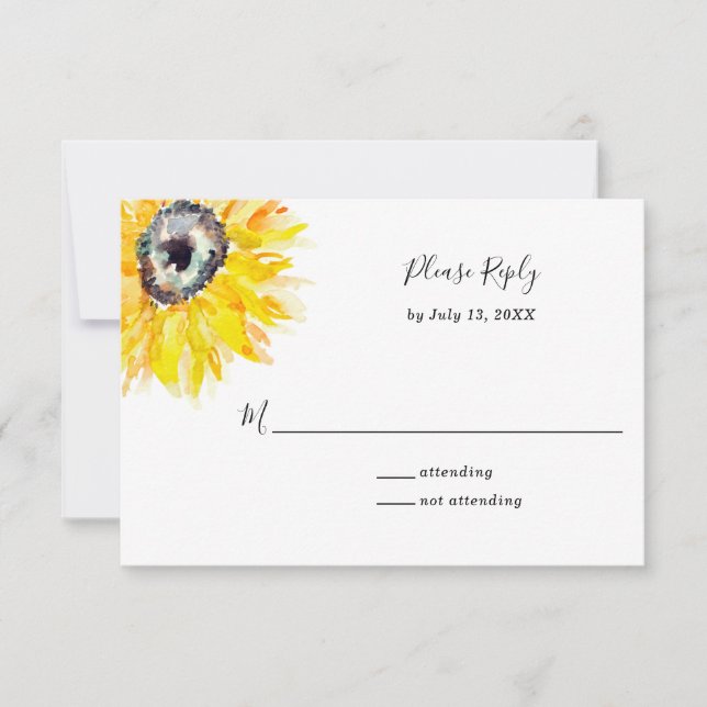 Watercolor Sunflower Please Reply Elegant Script RSVP Card (Front)