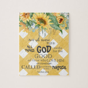 Watercolor Sunflower Romans 8:28 Bible Verse Jigsaw Puzzle