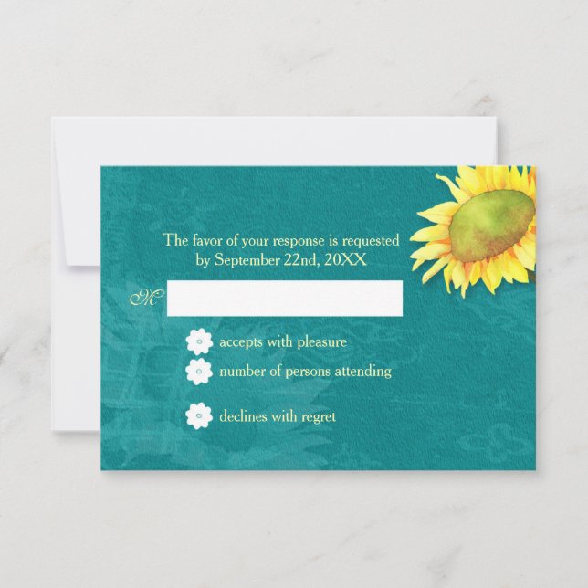 Watercolor Sunflower Rustic Blue Jade Wedding RSVP (Front)
