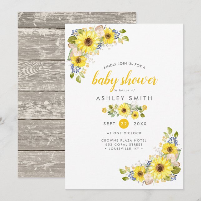 Watercolor Sunflower Rustic Country Baby Shower Invitation (Front/Back)