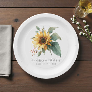 Watercolor Sunflower Rustic Country Wedding Paper Plate