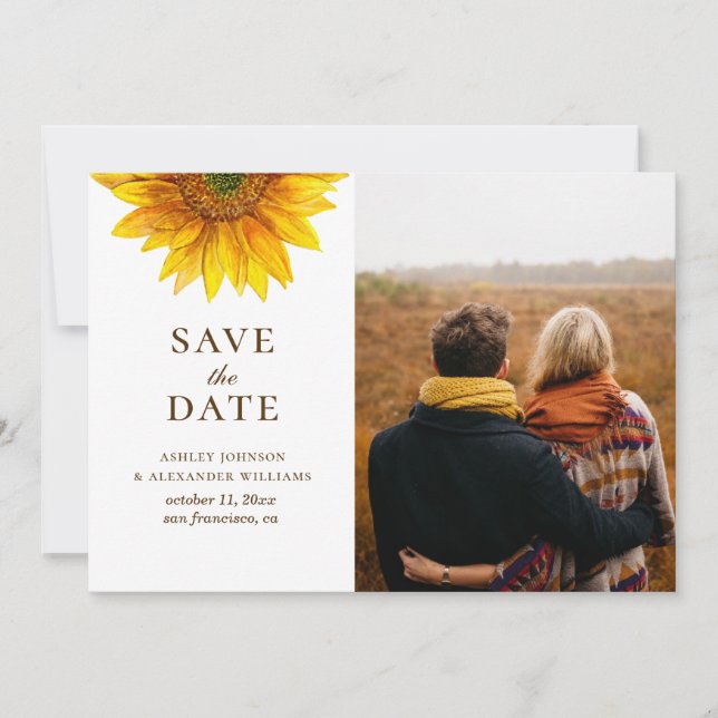 Watercolor sunflower. Rustic floral botanical Save The Date (Front)