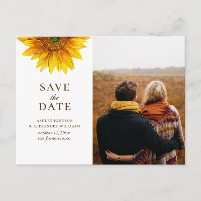 Watercolor sunflower. Rustic floral Save the Date Postcard (Front)