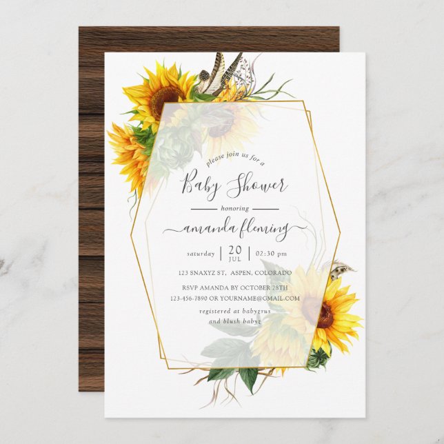 Watercolor Sunflower Rustic Geometric Baby Shower Invitation (Front/Back)