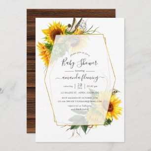 Watercolor Sunflower Rustic Geometric Baby Shower Invitation