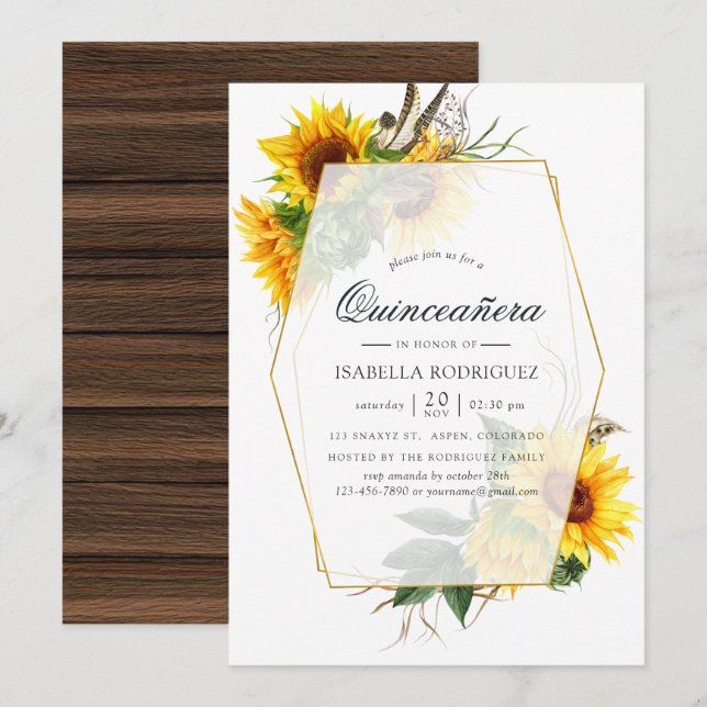 Watercolor Sunflower Rustic Geometric Quinceañera Invitation (Front/Back)