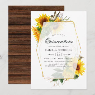 Watercolor Sunflower Rustic Geometric Quinceañera Invitation