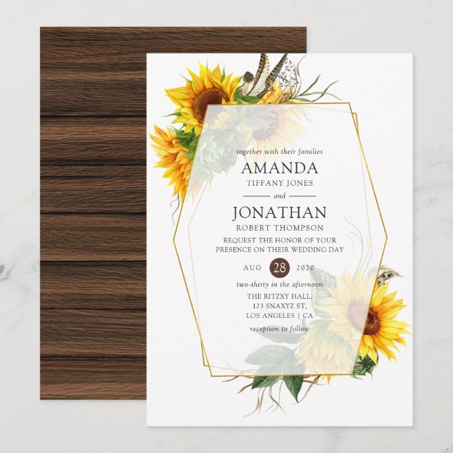 Watercolor Sunflower Rustic Geometric Wedding Invitation (Front/Back)