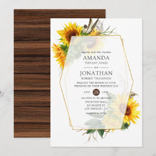 Watercolor Sunflower Rustic Geometric Wedding Invitation