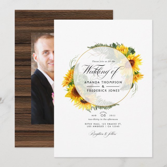 Watercolor Sunflower Rustic Geometric Wedding Invitation (Front/Back)