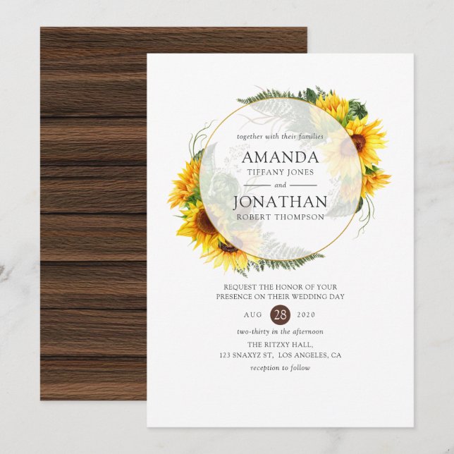 Watercolor Sunflower Rustic Geometric Wedding Invitation (Front/Back)