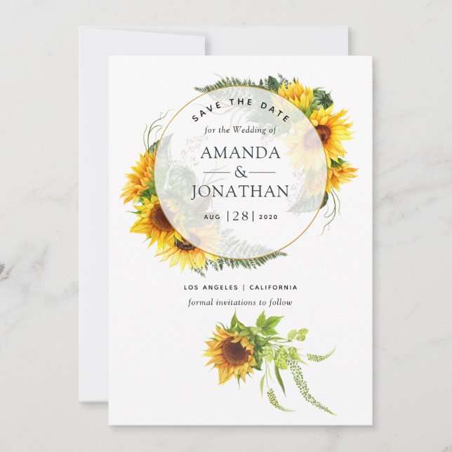 Watercolor Sunflower Rustic Geometric Wedding Save The Date (Front)