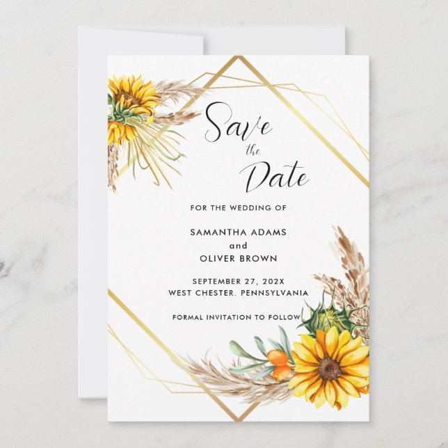 Watercolor Sunflower Rustic Script Save The Date (Front)