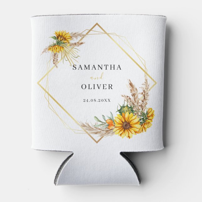 Watercolor Sunflower Rustic Wedding Can Cooler (Front)
