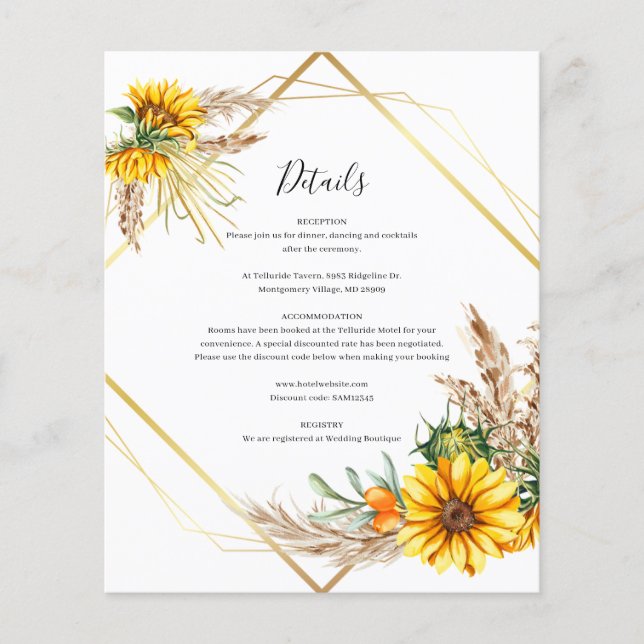 Watercolor Sunflower Rustic Wedding Details Card (Front)