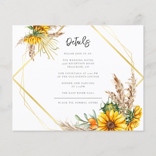 Watercolor Sunflower Rustic Wedding Details Card (Front)