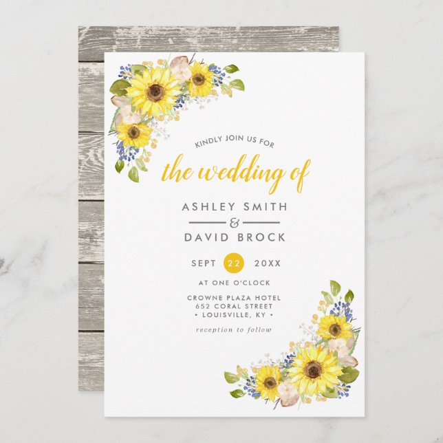 Watercolor Sunflower Rustic Wedding Invitation (Front/Back)