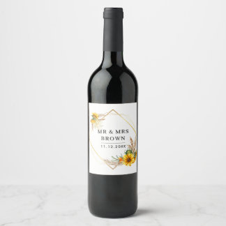 Watercolor Sunflower Rustic Wedding Wine Label