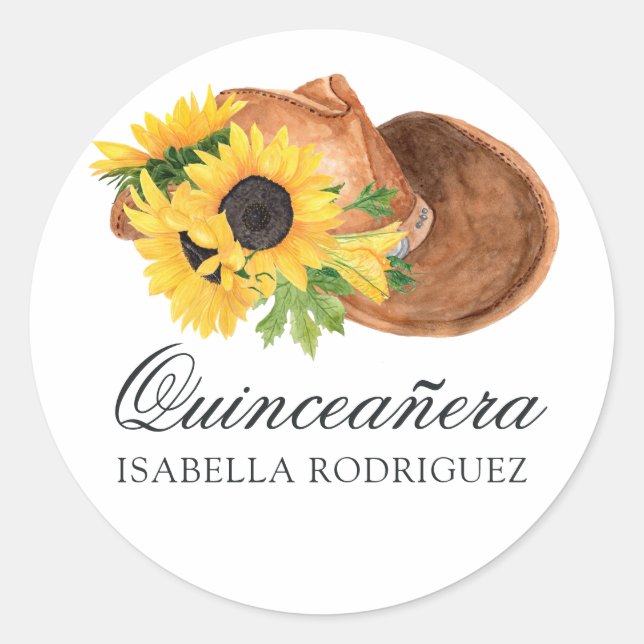 Watercolor Sunflower Rustic Western Quinceañera Classic Round Sticker (Front)