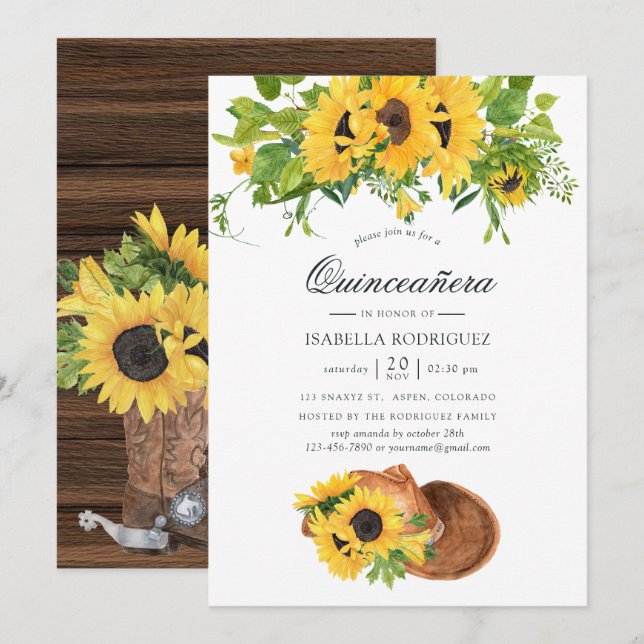 Watercolor Sunflower Rustic Western Quinceañera Invitation (Front/Back)