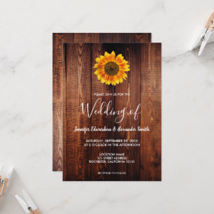 Watercolor sunflower rustic wood country wedding invitation