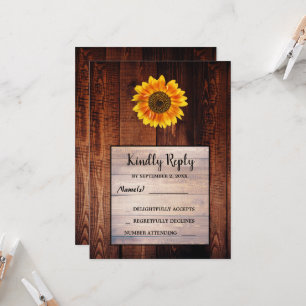 Watercolor sunflower rustic wood wedding RSVP Invitation