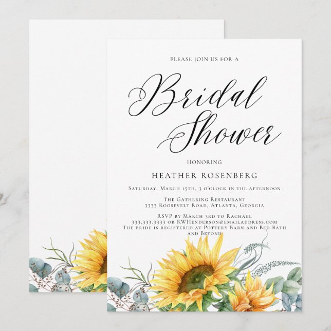 Watercolor Sunflower Script Wedding Bridal Shower Invitation (Front/Back)