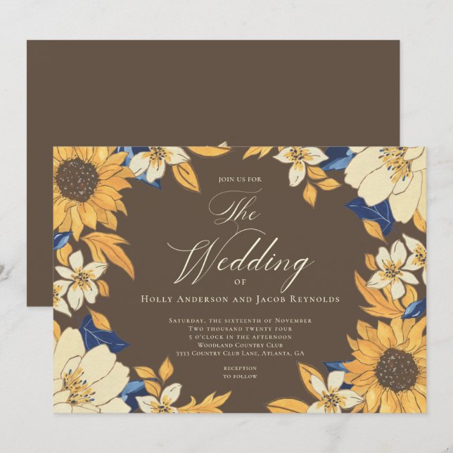 Watercolor Sunflower Script Wedding Invitation (Front/Back)