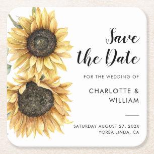 Watercolor Sunflower Script Wedding Save the Date Square Paper Coaster