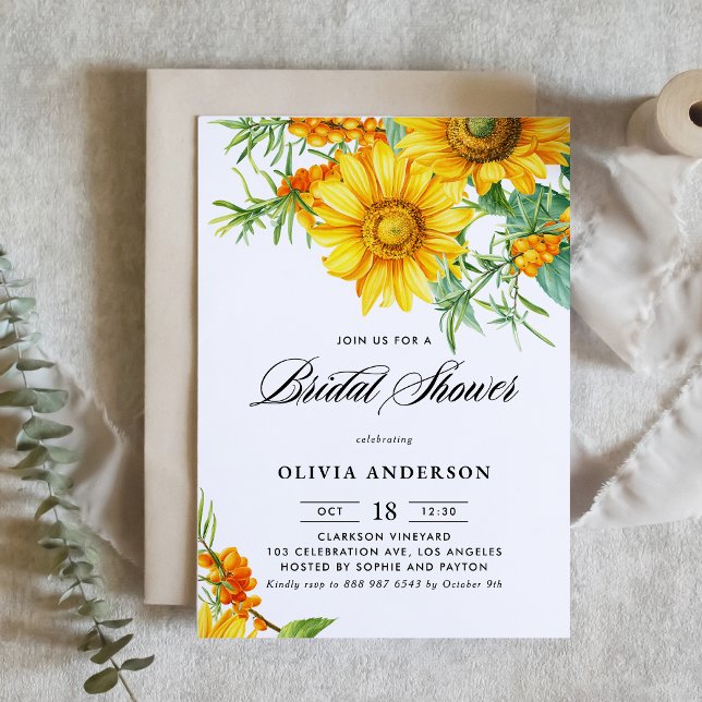 Watercolor Sunflower & Sea Buckthorn Bridal Shower Invitation (Botanical bridal shower invitation featuring illustrations of yellow sunflower and sea buckthorn.)