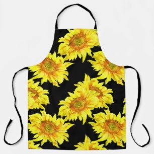 Watercolor Sunflower Seamless Black Pattern Apron