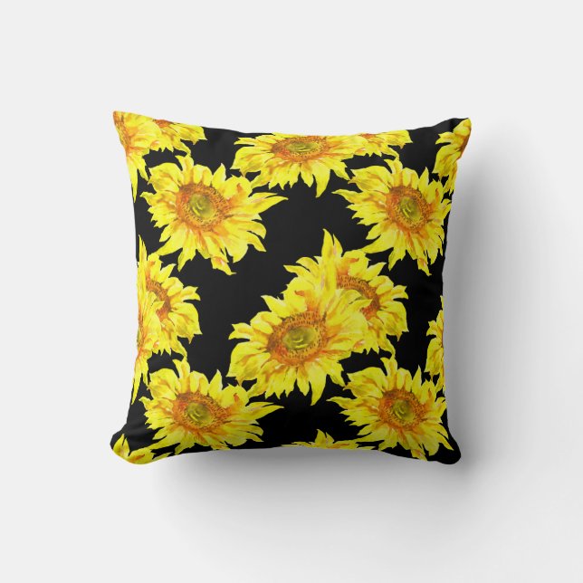Watercolor Sunflower Seamless Black Pattern Cushion (Front)