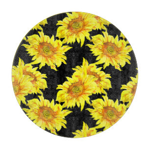 Watercolor Sunflower Seamless Black Pattern Cutting Board