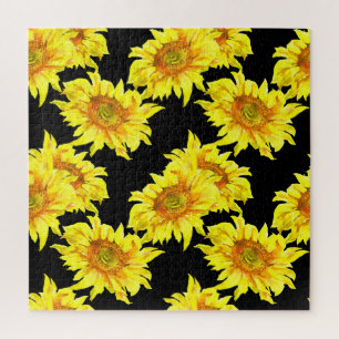 Watercolor Sunflower Seamless Black Pattern Jigsaw Puzzle