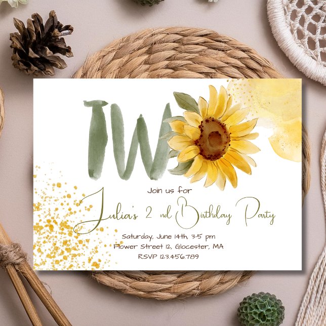 Watercolor sunflower second Birthday Invitation (Creator Uploaded)