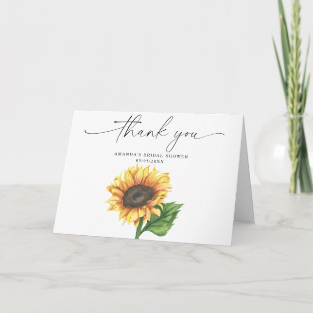 Watercolor sunflower, thank you bridal shower  card (Front)