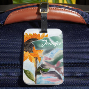 Watercolor Sunflower Tropical Botanical Painting Luggage Tag