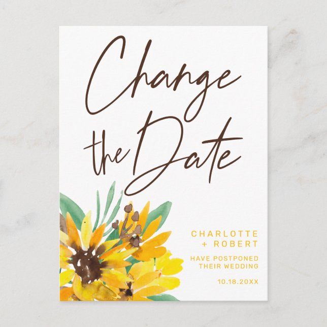 Watercolor sunflower wedding change the date announcement postcard (Front)