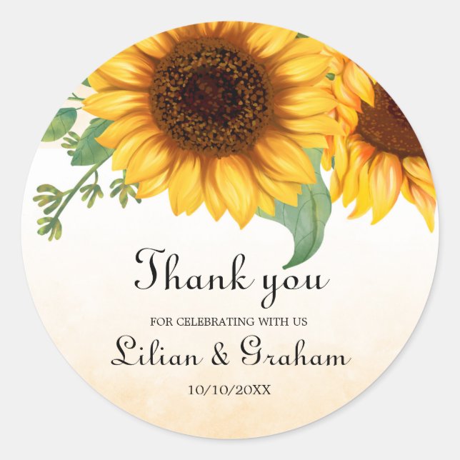 Watercolor Sunflower Wedding   Classic Round Sticker (Front)