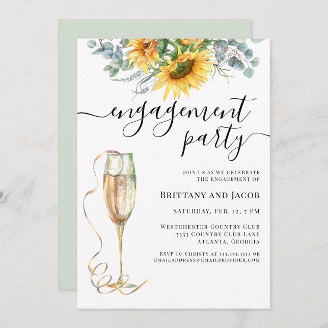 Watercolor Sunflower Wedding Engagement Party Invitation (Front/Back)