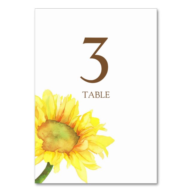 Watercolor Sunflower Wedding Table Number (Front)