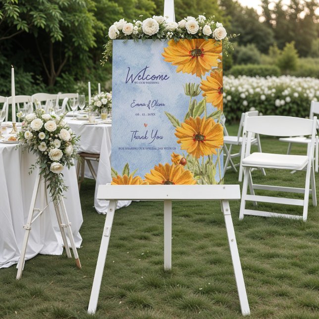Watercolor Sunflower Wedding Welcome Poster (Watercolor Sunflower Wedding Welcome Sign Poster Summer Countryside Welcome to Our Wedding Sign)