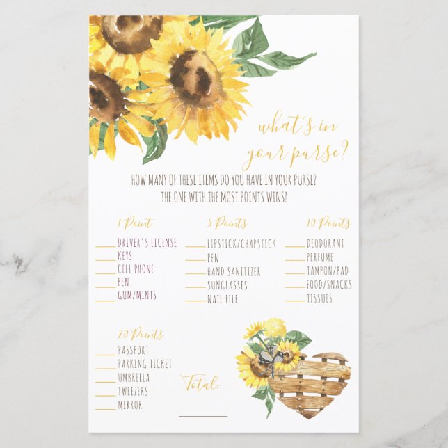 Watercolor Sunflower What's in your Purse? Game (Front)