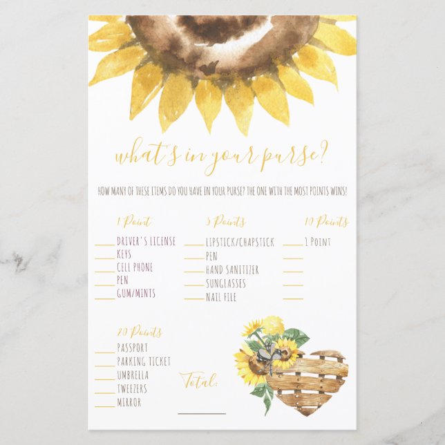 Watercolor Sunflower What's in your Purse? Game (Front)