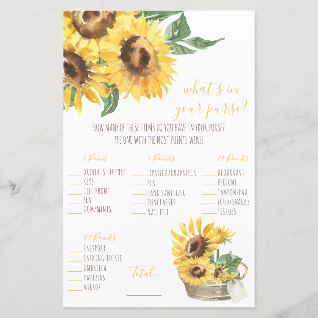 Watercolor Sunflower What's in your Purse? Game (Front)