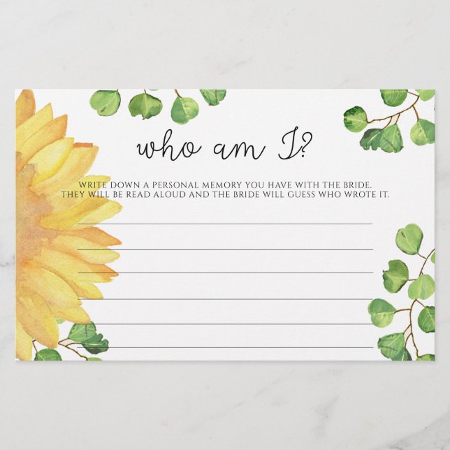 Watercolor sunflower Who am I bridal shower game Stationery (Front)