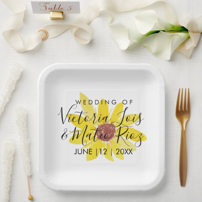 Watercolor Sunflower Wild Floral Yellow Wedding Paper Plate (Wedding)