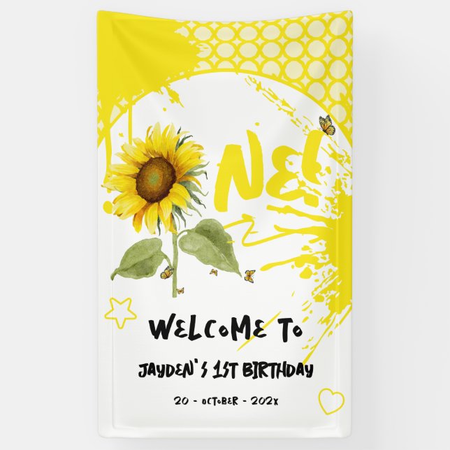 Watercolor Sunflower with Butterflies 1st Birthday Banner (Vertical)